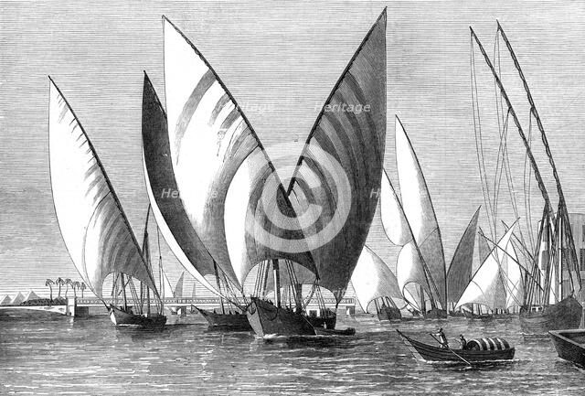 'The River at Boulak Bridge, Cairo, with dahabeahs passing', 1874. Artist: Unknown