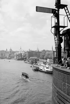 The River Thames at Stepney, London with a shipping signal in the foreground, c1945-c1965. Artist: SW Rawlings