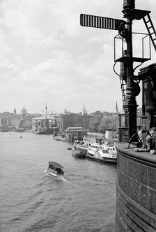 The River Thames at Stepney, London with a shipping signal in the foreground, c1945-c1965. Artist: SW Rawlings