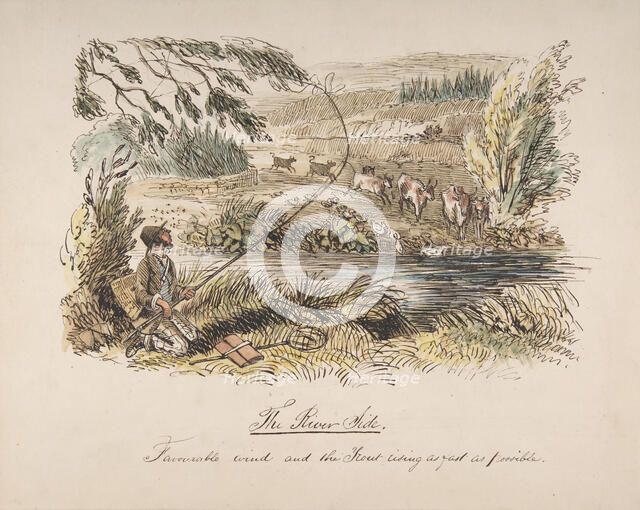 The Riverside, Favourable Wind and the Trout Rising as Fast as Possible, 1830-64. Creator: John Leech.