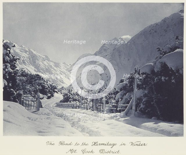 The road to the Hermitage in winter, Mt Cook district, 1920s. Creator: Harry Moult.