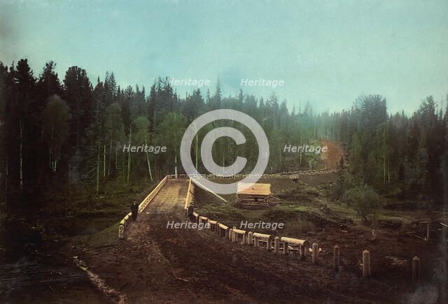 The Roadbed and the Bridge on the Iverka-Romanovskaya Railroad, 1906-1908. Creator: Dorozhno-Stroitel'nyi Otdel.