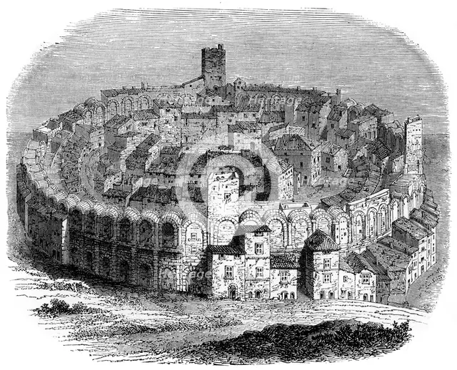 The Roman arena in Arles, Provence, France, in 1666 (1882-1884). Artist: Unknown