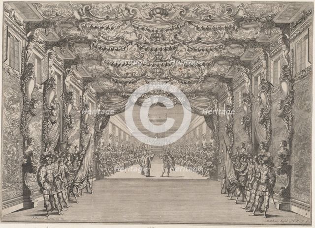 The Roman curia with guards in the anteroom; set design from 'Il Fuoco Eterno', 1674. Creator: Mathäus Küsel.