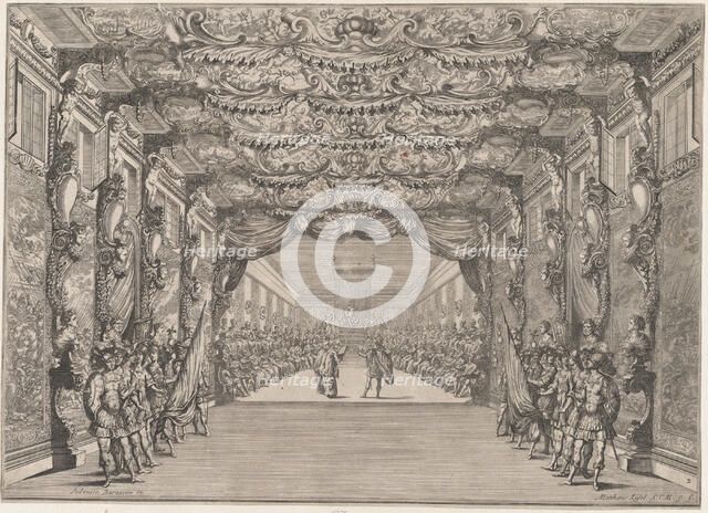 The Roman curia with guards in the anteroom; set design from 'Il Fuoco Eterno', 1674. Creator: Mathäus Küsel.