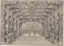 The Roman curia with guards in the anteroom; set design from Il Fuoco Eterno 1674. Creator: Mathäus Küsel
