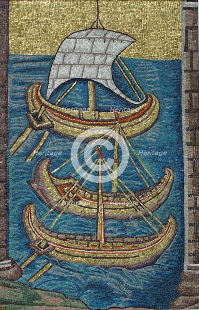 The Roman galleys. Mosaic from Ravenna, copy. Artist: Classical Antiquities  