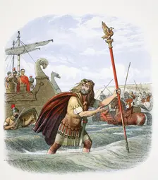 The Roman standard bearer of the 10th legion landing in Britain, 55BC (1864). Creator: James William Edmund Doyle