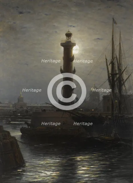 The Rostral Column near the Stock Exchange in St. Petersburg, 1878. Artist: Bogolyubov, Alexei Petrovich (1824-1896)