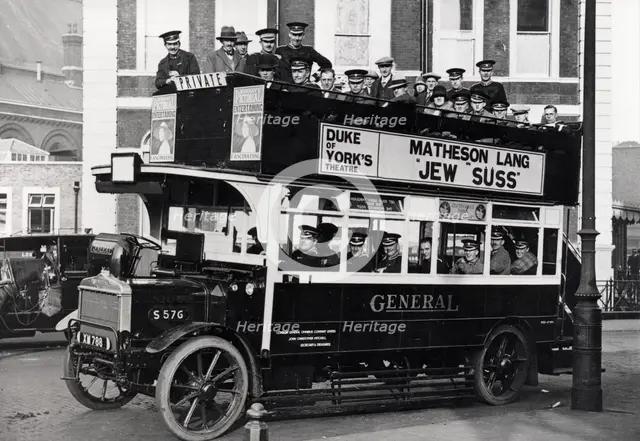 The Rowntree Brass Band on a motor bus in London, after 1904. Artist: Unknown