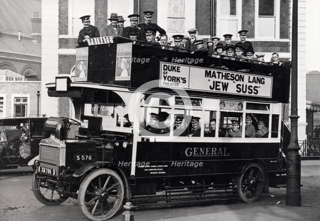 The Rowntree Brass Band on a motor bus in London, after 1904. Artist: Unknown