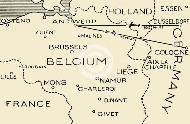 'The Route of the Airmen Who Raided Dusseldorf and Cologne', 1915. Creator: Unknown.