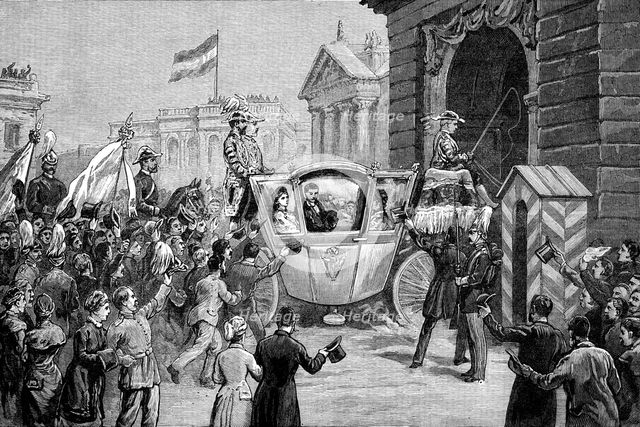 The Royal Marriage at Berlin: arrival of the newly married pair at the Grand Schloss, Potsdam, 1881. Creator: Unknown.