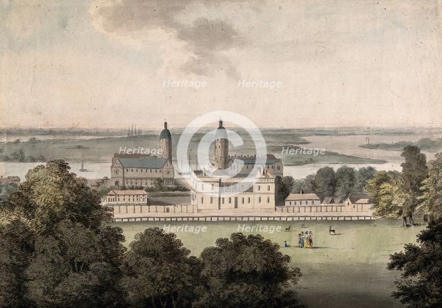The Royal Naval Hospital and the Queen's House, Greenwich, the Isle of Dogs beyond, c1800s.. Creator: George Samuel.