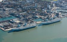 The Royal Navy's two largest aircraft carriers in dock, Portsmouth, Hampshire, 2020. Creator: Damian Grady