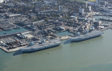 The Royal Navy's two largest aircraft carriers in dock, Portsmouth, Hampshire, 2020. Creator: Damian Grady