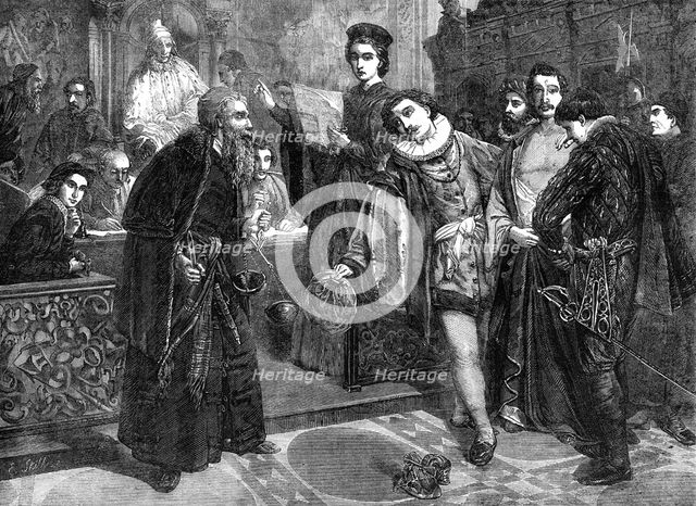The Royal Academy Prize-painting, Trial Scene in "The Merchant of Venice", by A. B. Donaldson, 1862. Creator: E. Skill.