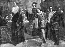 The Royal Academy Prize-painting, Trial Scene in "The Merchant of Venice", by A. B. Donaldson, 1862. Creator: E. Skill