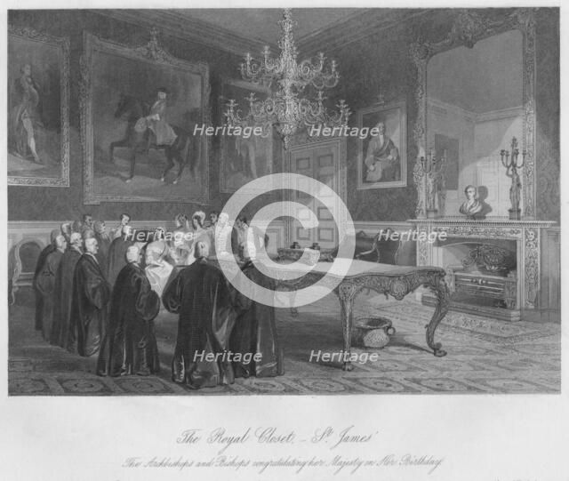 'The Royal Closet. - St. James's. The Archbishops and Bishops congratulating her Majesty on Her Birt Artist: Henry Melville.
