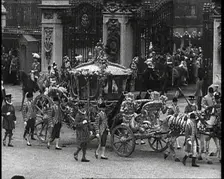 The Royal Coach, Horses, and Procession Filing Out of the Gates and Turning Left at the..., 1937. Creator: British Pathe Ltd