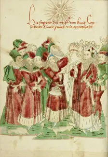 The Royal Couple with Astrologists; Barlaam und Josaphat, 1469. Creators: Hans Schilling, Diebolt Lauber