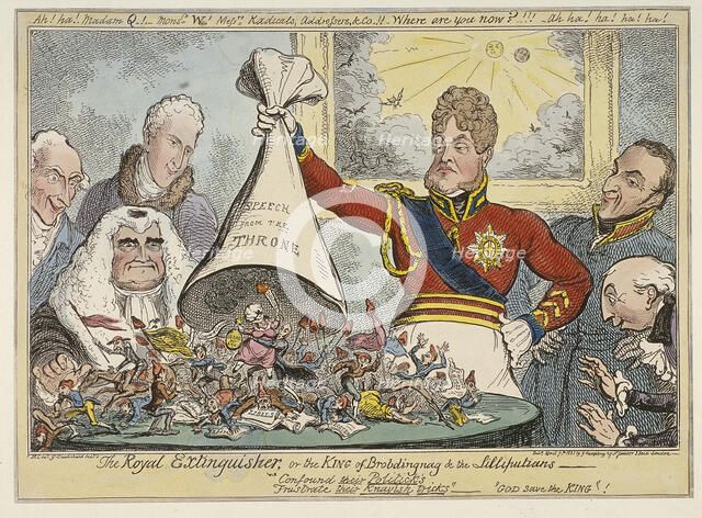 'The Royal Extinguisher, or the King of Brobdingnag & the Lilliputians', 1821. Artist: George Cruikshank