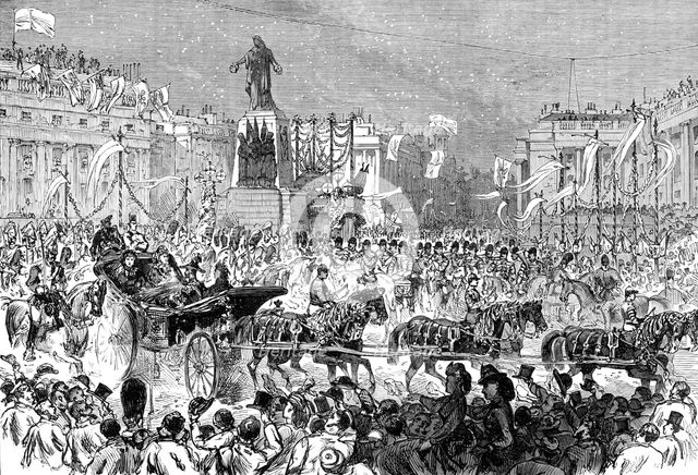 The Royal Entry into London: the procession passing the Guards Memorial, Waterloo-Place, 1874. Creator: Unknown.