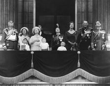 The Royal family watch a RAF flyby from the balcony of Buckingham Palace, 11th June 1966