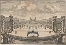 The royal family sitting under a canopy, watching dancers perform the final ballet of ..., ca. 1700. Creator: Johann Ulrich Kraus