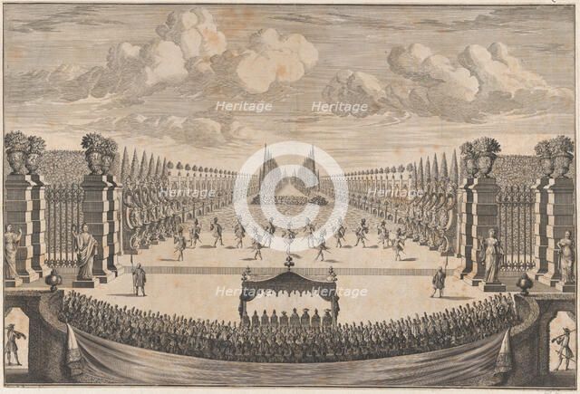 The royal family sitting under a canopy, watching dancers perform the final ballet of ..., ca. 1700. Creator: Johann Ulrich Kraus.