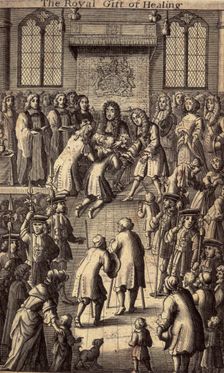 The Royal Gift of Healing King Charles II healing the sick, 1684. Creator: Unknown