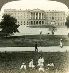 The Royal Palace (S.E. facade) and statue of King Charles XIV. (Bernadotte) Christiania, Norway c Creator: Unknown