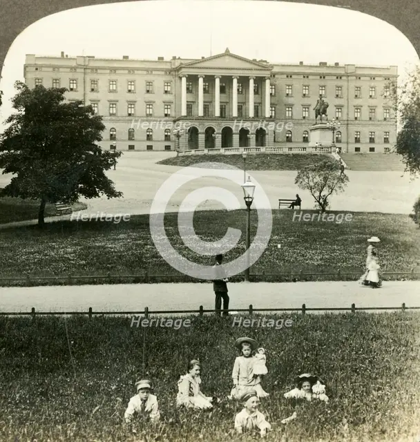 'The Royal Palace (S.E. facade) and statue of King Charles XIV. (Bernadotte) Christiania, Norway', c Creator: Unknown.