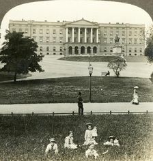 The Royal Palace (S.E. facade) and statue of King Charles XIV. (Bernadotte) Christiania, Norway c Creator: Unknown