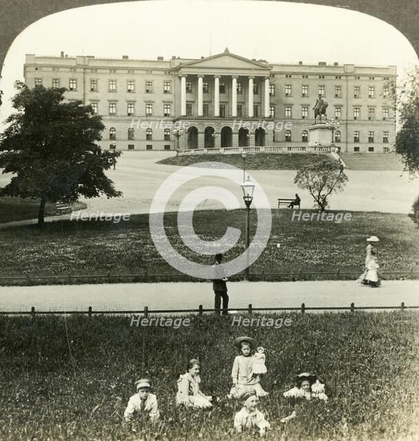 'The Royal Palace (S.E. facade) and statue of King Charles XIV. (Bernadotte) Christiania, Norway', c Creator: Unknown.