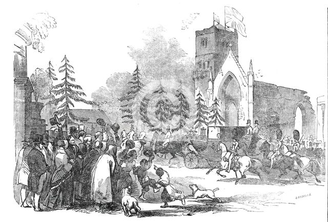 The Royal Party passing the triumphal arch, High Street, Dundee, 1844. Creator: Ebenezer Landells.