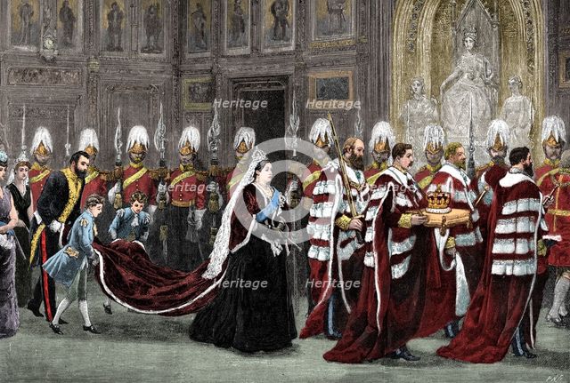The royal procession in Westminster Palace on the way to the House of Lords, 1886, (1900). Artist: Unknown.