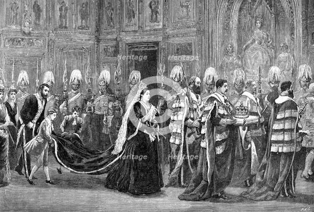 The royal procession in Westminster Palace on the way to the House of Lords, 1886, (1900). Artist: Unknown