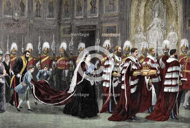 The royal procession in Westminster Palace on the way to the House of Lords, 1886, (1900). Artist: Unknown.