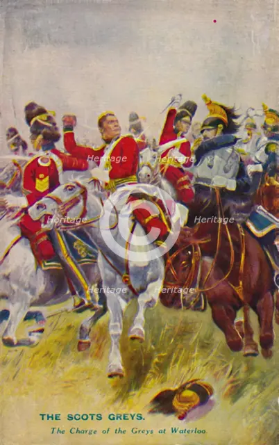 'The Royal Scots Greys. The Charge of the Greys at Waterloo', 1815, (1939). Artist: Unknown.
