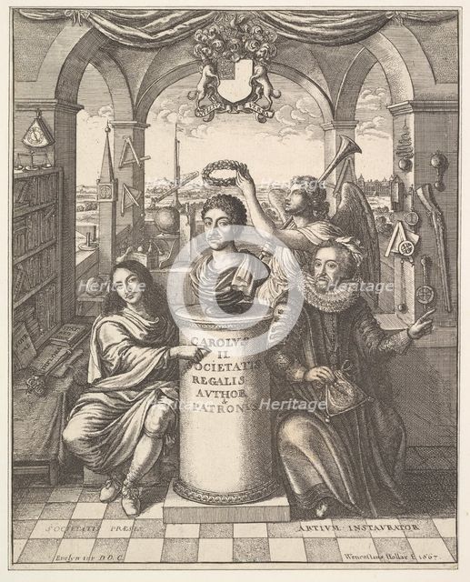 The Royal Society, frontispiece to Thomas Sprat, "The History of the Royal Society of Lond..., 1667. Creator: Wenceslaus Hollar.