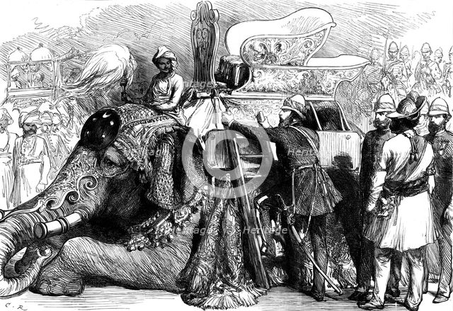 The Royal Visit to India: the Prince of Wales mounting his elephant...1876. Creator: C.R..