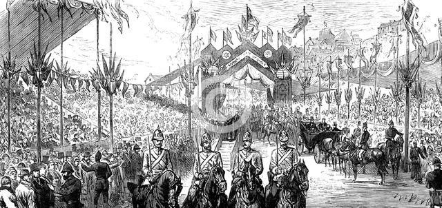 The Royal Visit to Swansea: singing the "Welcome, Prince!" at the Masonic Stands, 1881. Creator: Unknown.