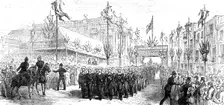 The Royal Visit to Swansea: the march past of volunteers at the Townhall, 1881. Creator: Unknown
