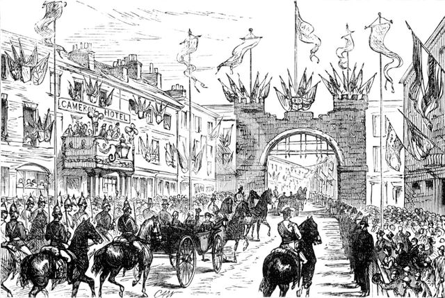 The Royal Visit to Swansea: the procession passing the Old City Arch, 1881. Creator: Unknown.