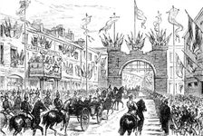 The Royal Visit to Swansea: the procession passing the Old City Arch, 1881. Creator: Unknown