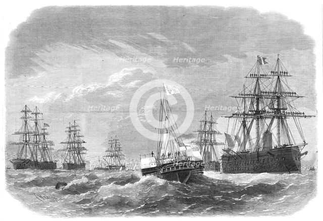 The Royal Yacht Osborne passing through...English squadrons of ironclads in Plymouth Sound, 1865. Creator: Smyth.