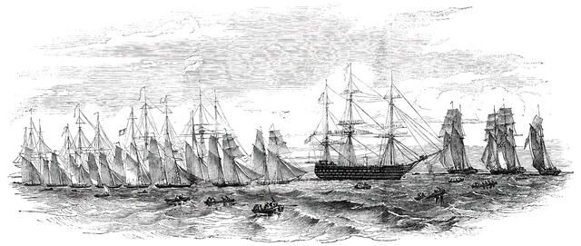 The Royal Yacht Squadron Saluting the French Squadron - sketched by the Hon. Dudley Pelham, 1850. Creator: Unknown.