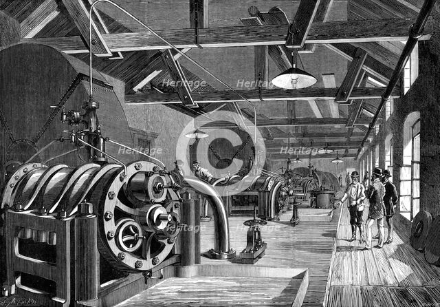 The St. Gothard Tunnel: air-compressing machinery at Airolo, 1880. Creator: Normand.
