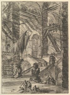 The Staircase with Trophies, from Carceri d'invenzione (Imaginary Prisons), ca. 1749-50. Creator: Giovanni Battista Piranesi